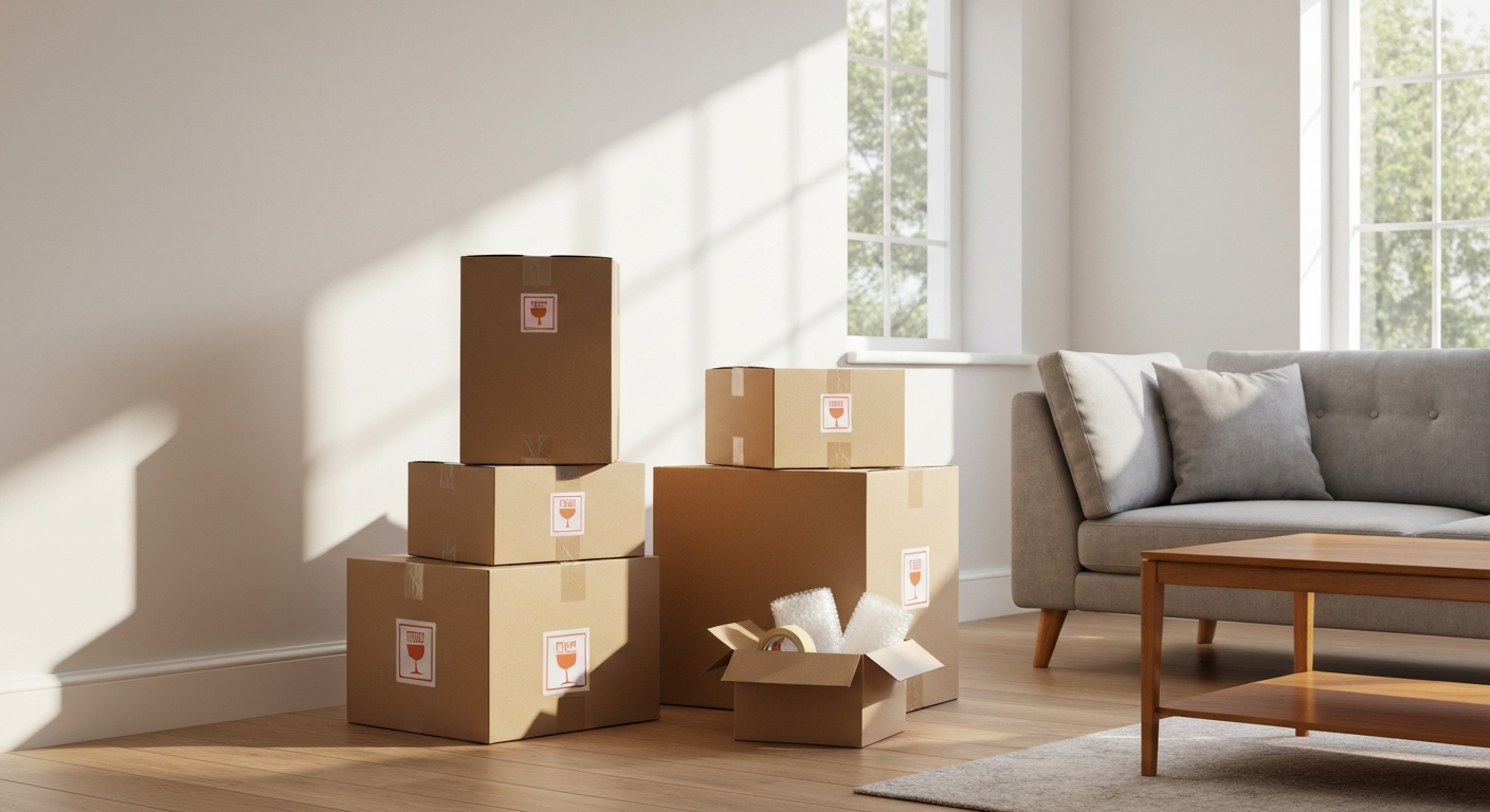 Neatly stacked cardboard moving boxes and packing supplies