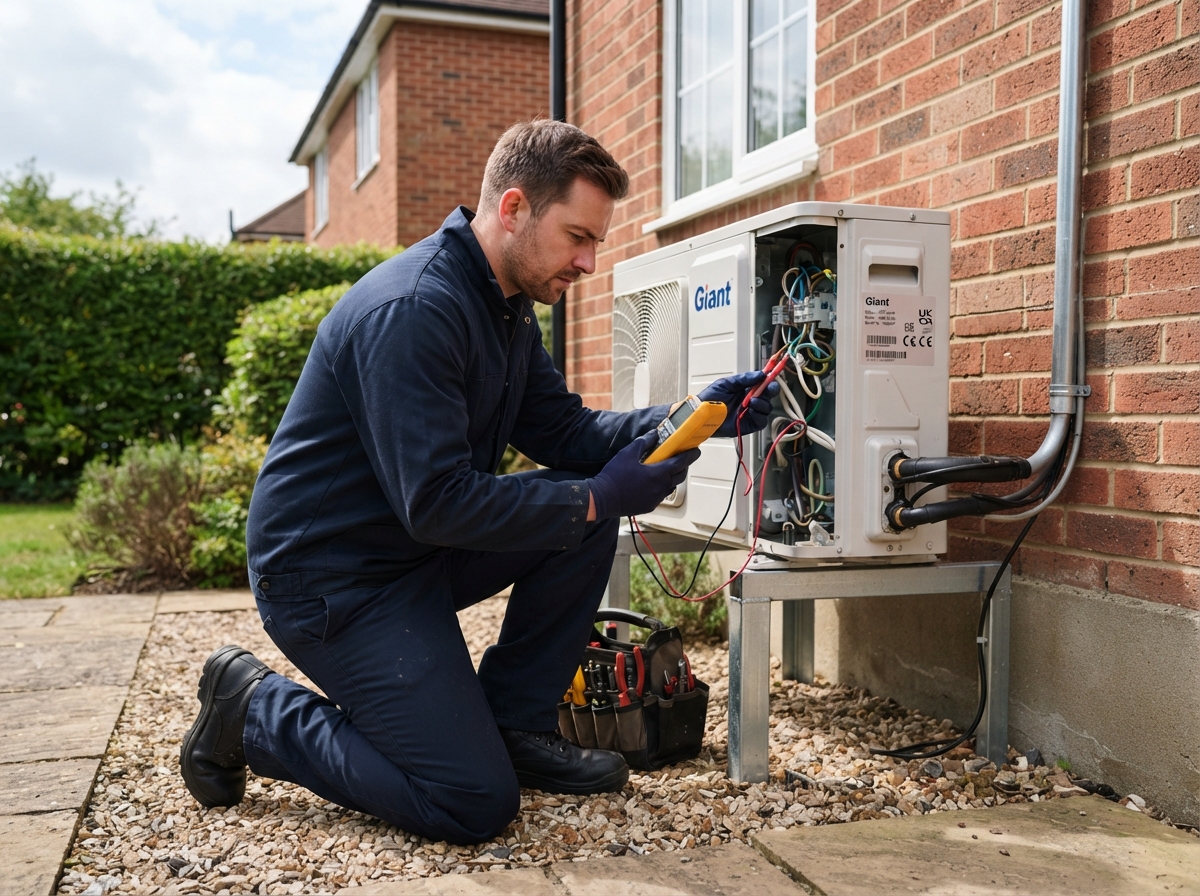 UK heating engineer working on an air source heat pump installation - plain professional uniform no branding