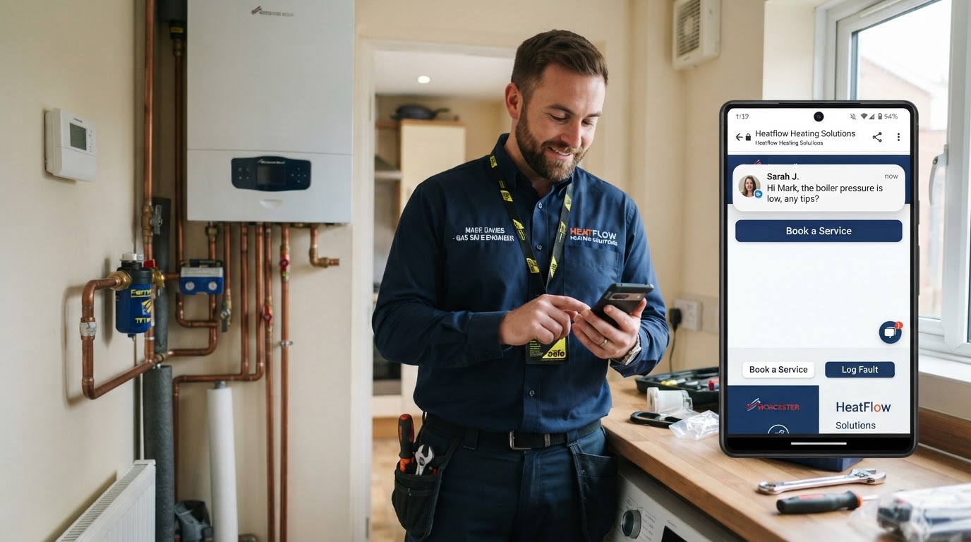 NexGen AI-powered website for UK heating engineer with AI chatbot and lead capture on smartphone