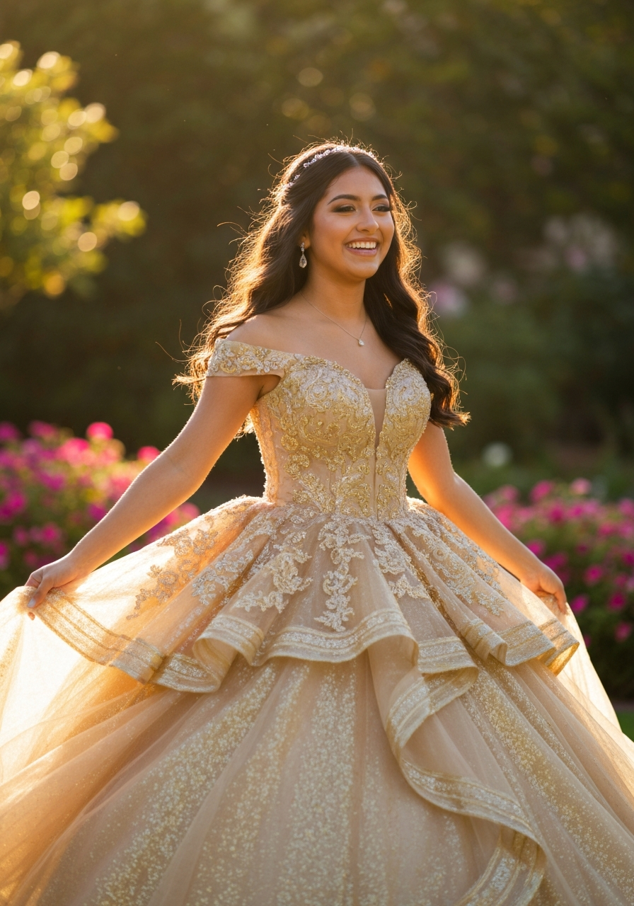 La Reina Sage/Gold Elegance formal dress with crystal details and floral appliques