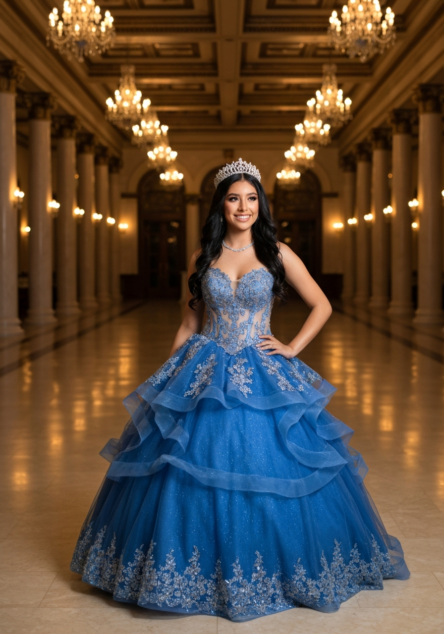 La Reina Blue Majesty Quinceañera ballgown in San Antonio with silver embellishments and tulle skirt
