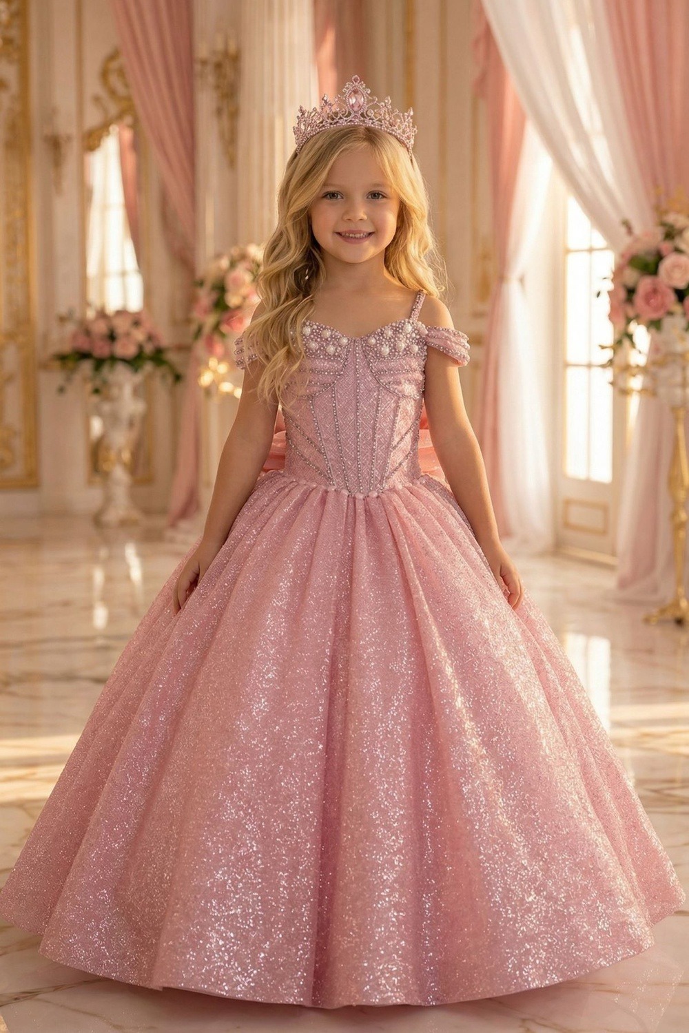 Pink sparkle tulle mini quinceanera dress style 8460 at Rilena's Boutique San Antonio