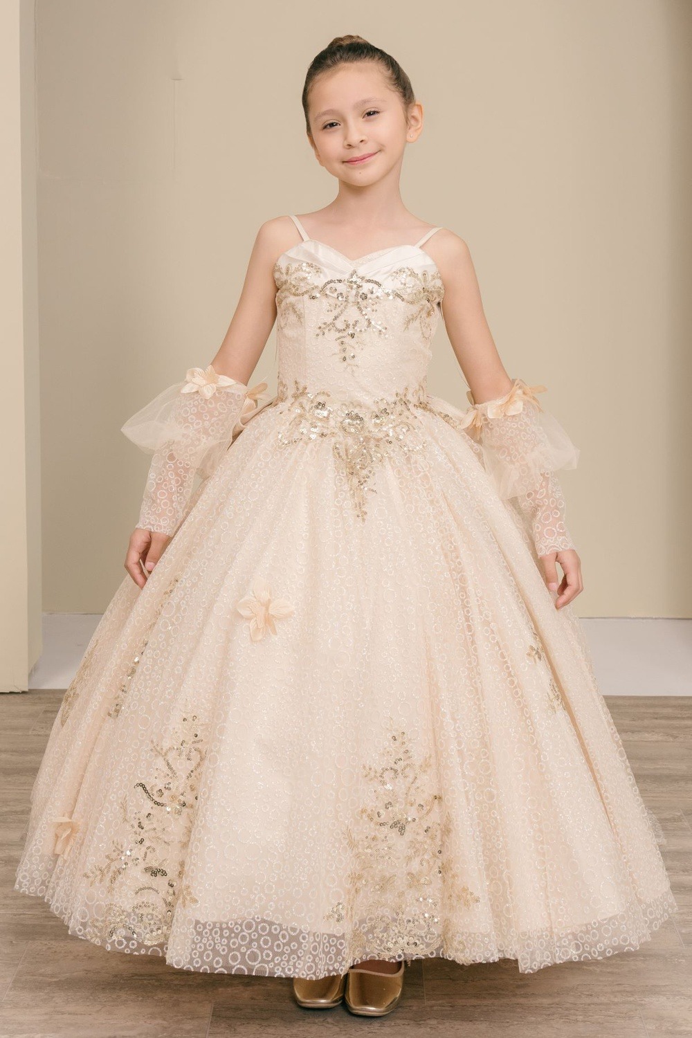 Champagne sequin tulle mini quinceanera dress style 8385 at Rilena's Boutique San Antonio