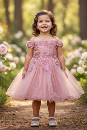Dusty rose off-shoulder floral tulle baby dress style 9085B at Rilena's Boutique San Antonio