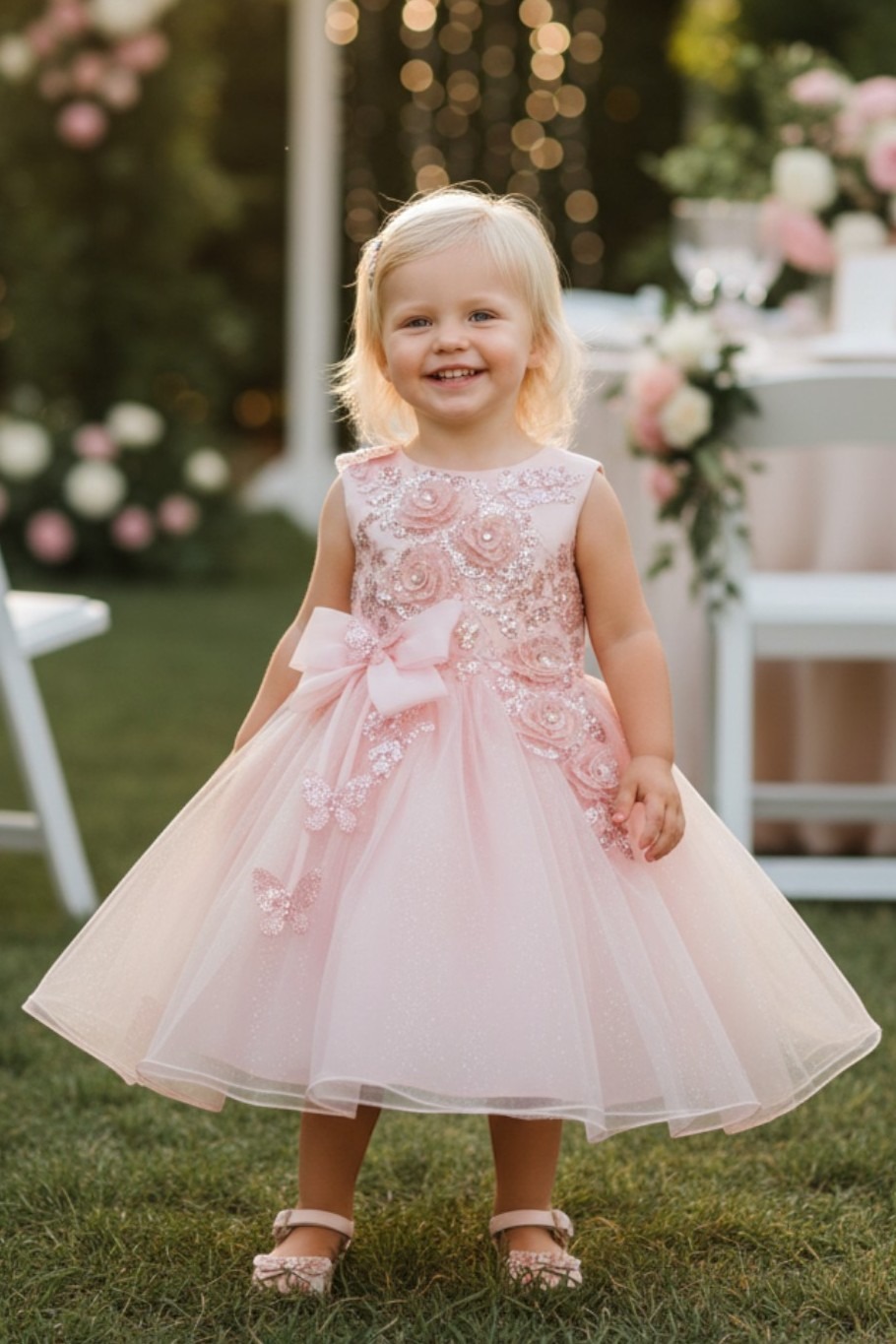 Pink tulle floral applique baby dress style 9166B at Rilena's Boutique San Antonio