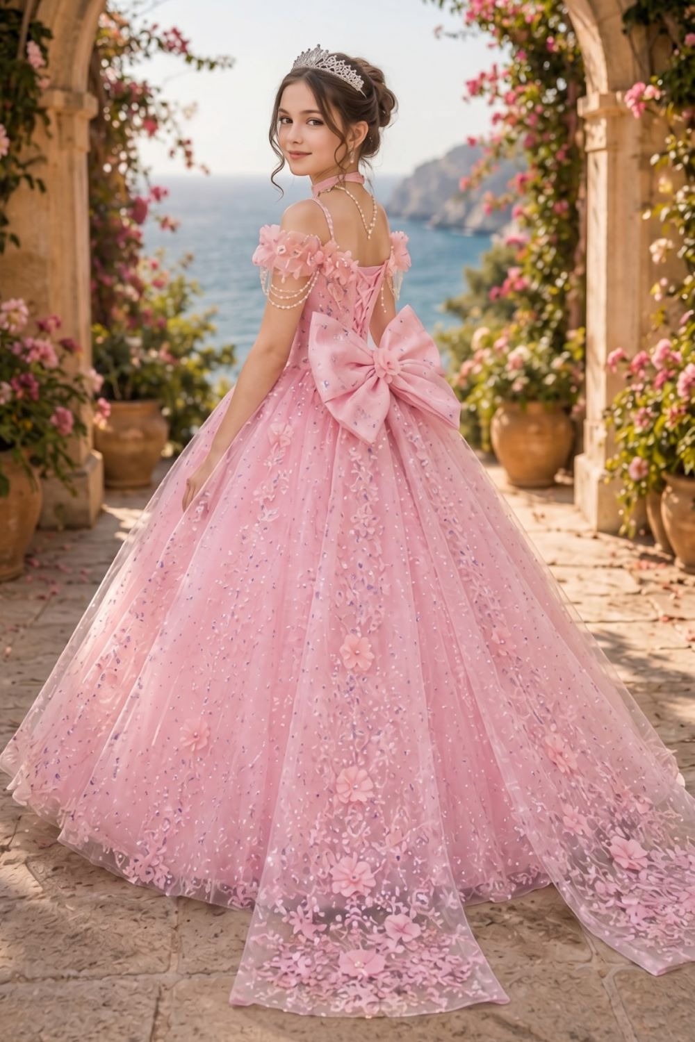 Pink floral off-shoulder bow mini quinceanera dress style 8415 at Rilena's Boutique San Antonio