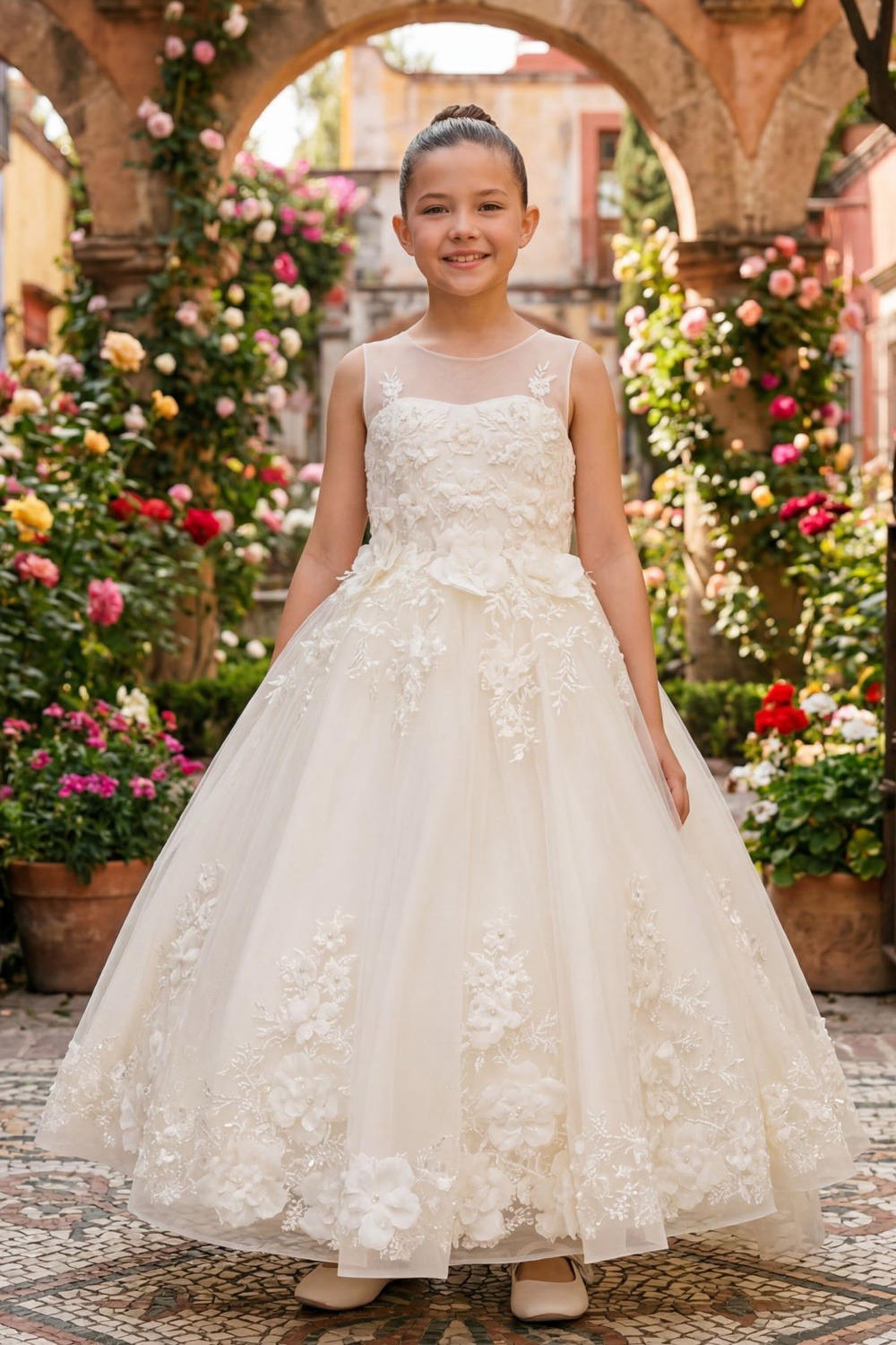 Ivory floral applique tulle flower girl dress style 9154 at Rilena's Boutique San Antonio