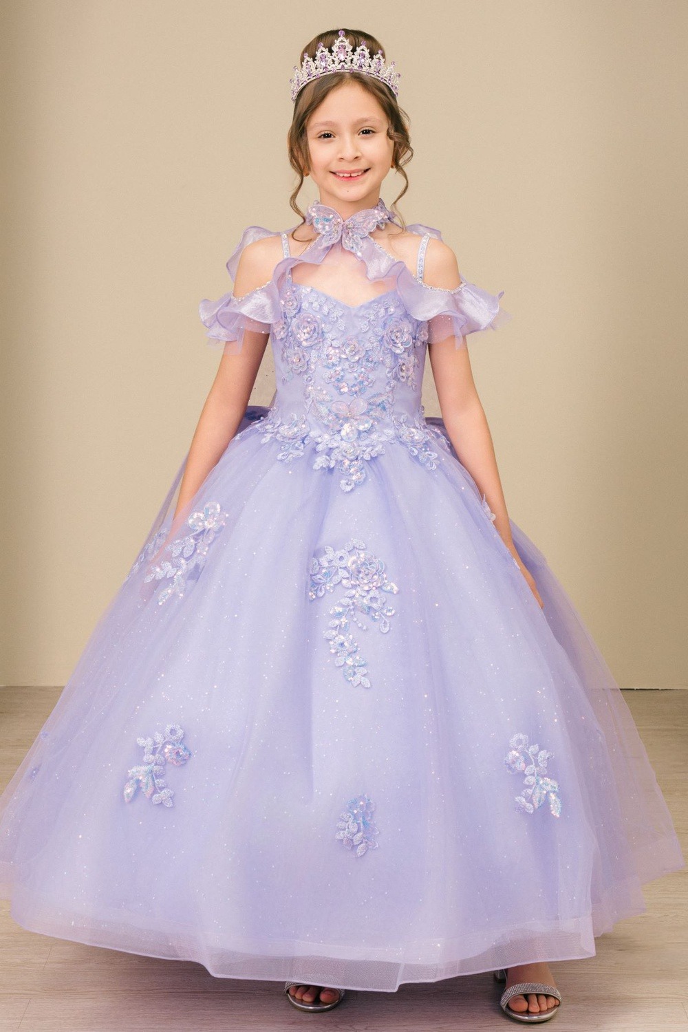 Lilac ruffle cape ab sequin mini quinceanera dress style 8585 at Rilena's Boutique San Antonio