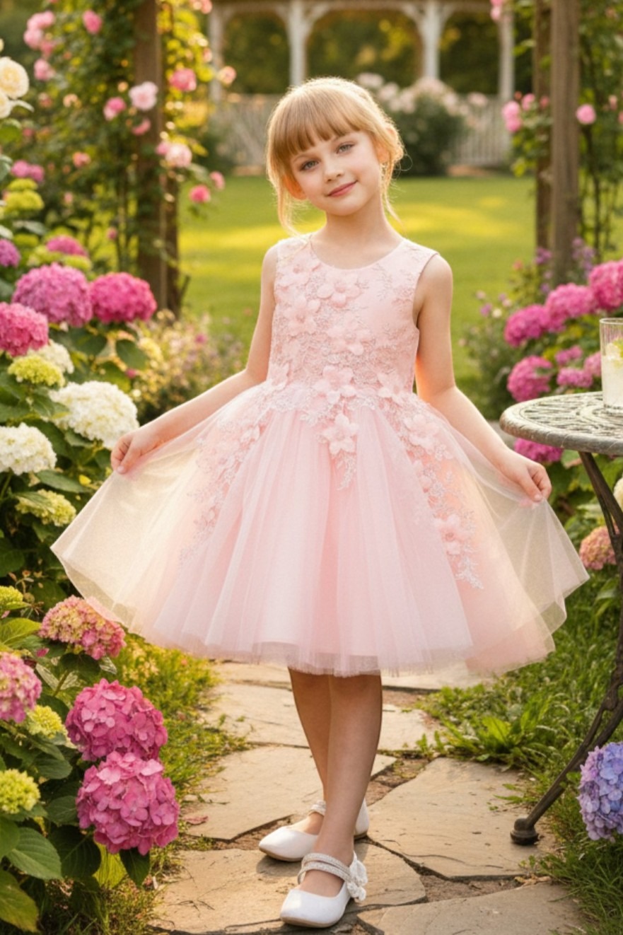 Pink floral applique tulle flower girl dress style 9040 at Rilena's Boutique San Antonio