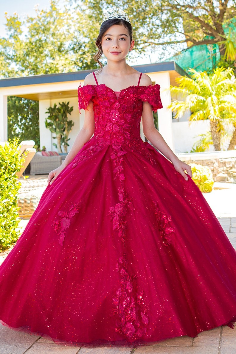 Red floral off-shoulder tulle mini quinceanera dress style 8045 at Rilena's Boutique San Antonio