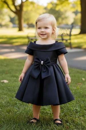 Black satin bow baby dress style 9177B at Rilena's Boutique San Antonio