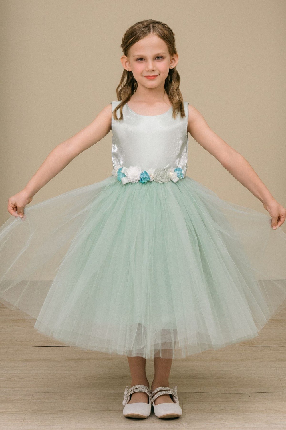 Sage floral waist tulle flower girl dress style 9192 at Rilena's Boutique San Antonio
