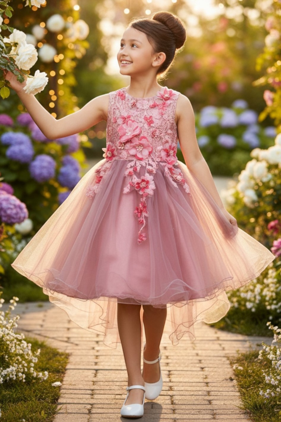 Pink floral applique high-low flower girl dress style 9038 at Rilena's Boutique San Antonio