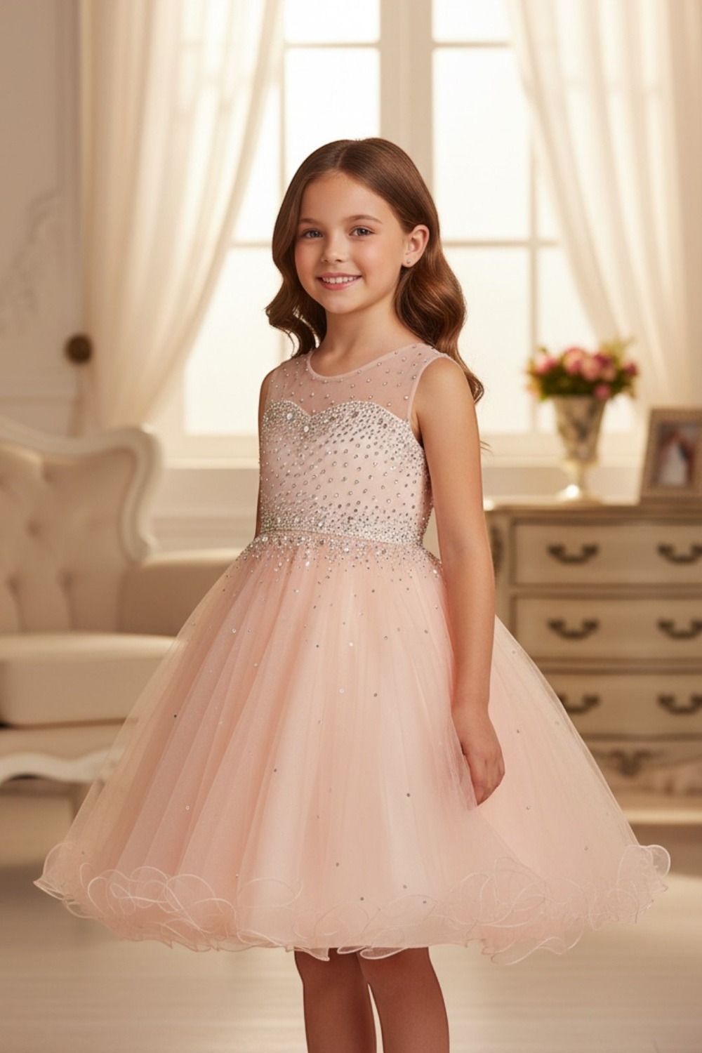 Blush rhinestone bodice tulle party dress style 5029 at Rilena's Boutique San Antonio
