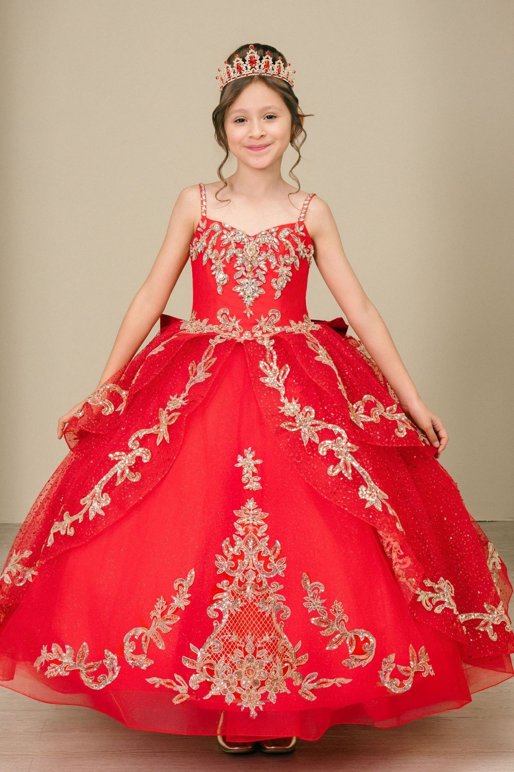 Red and gold rhinestone trim mini quinceanera dress style 8575 at Rilena's Boutique San Antonio