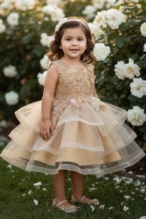 Gold multi-layered tulle beaded baby gown style 9149B at Rilena's Boutique San Antonio