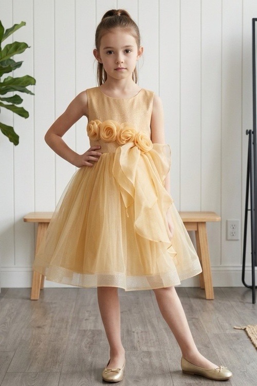 Champagne tulle rosette party dress style 9128 at Rilena's Boutique San Antonio