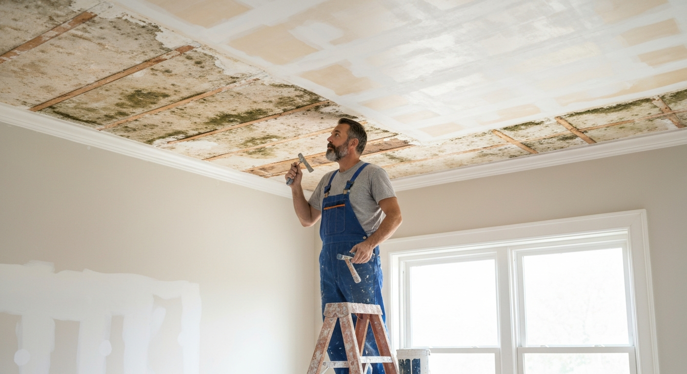 Professional painter treating water damaged ceiling