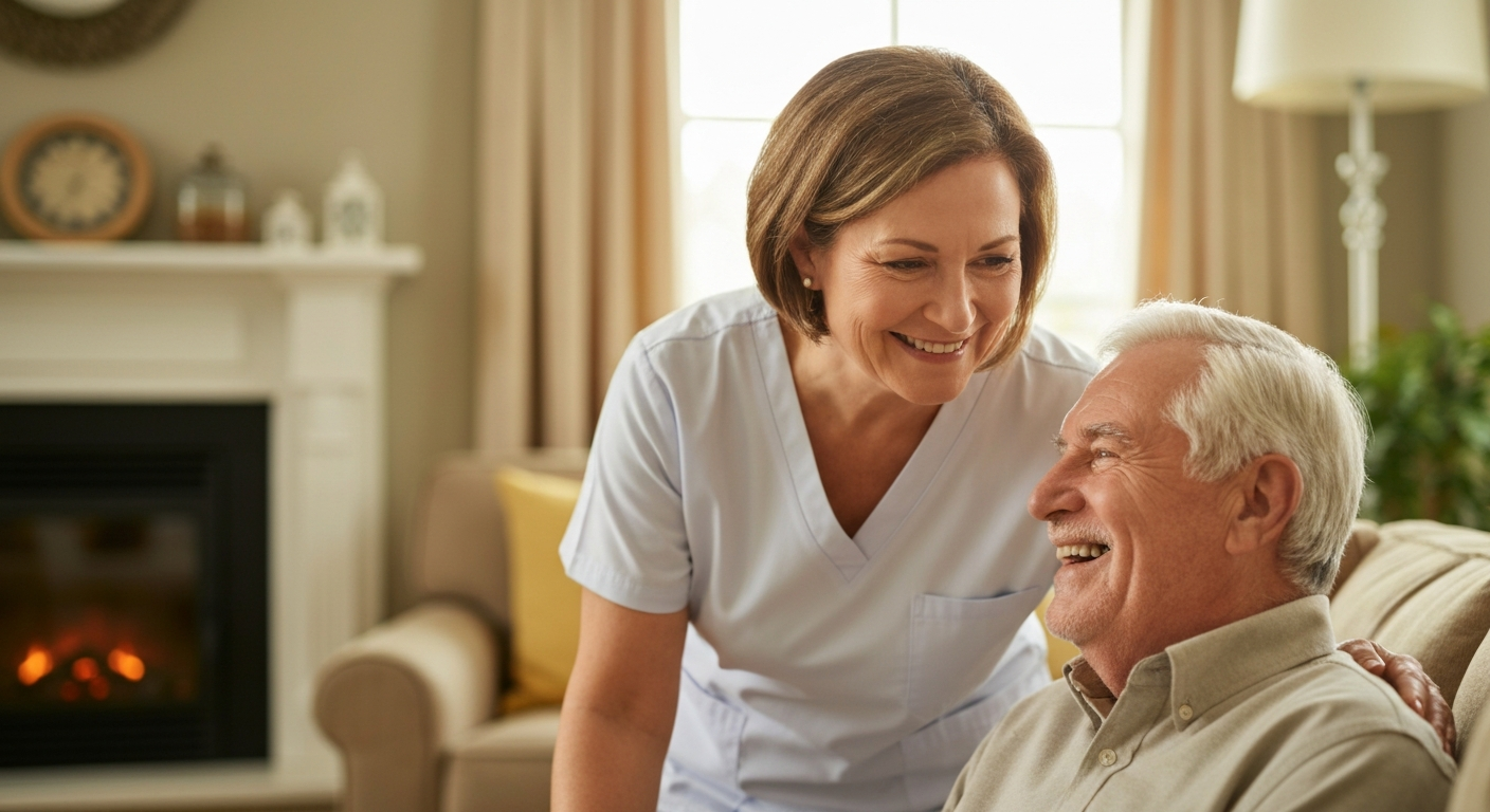 Compassionate caregiver sharing a smile with a senior client