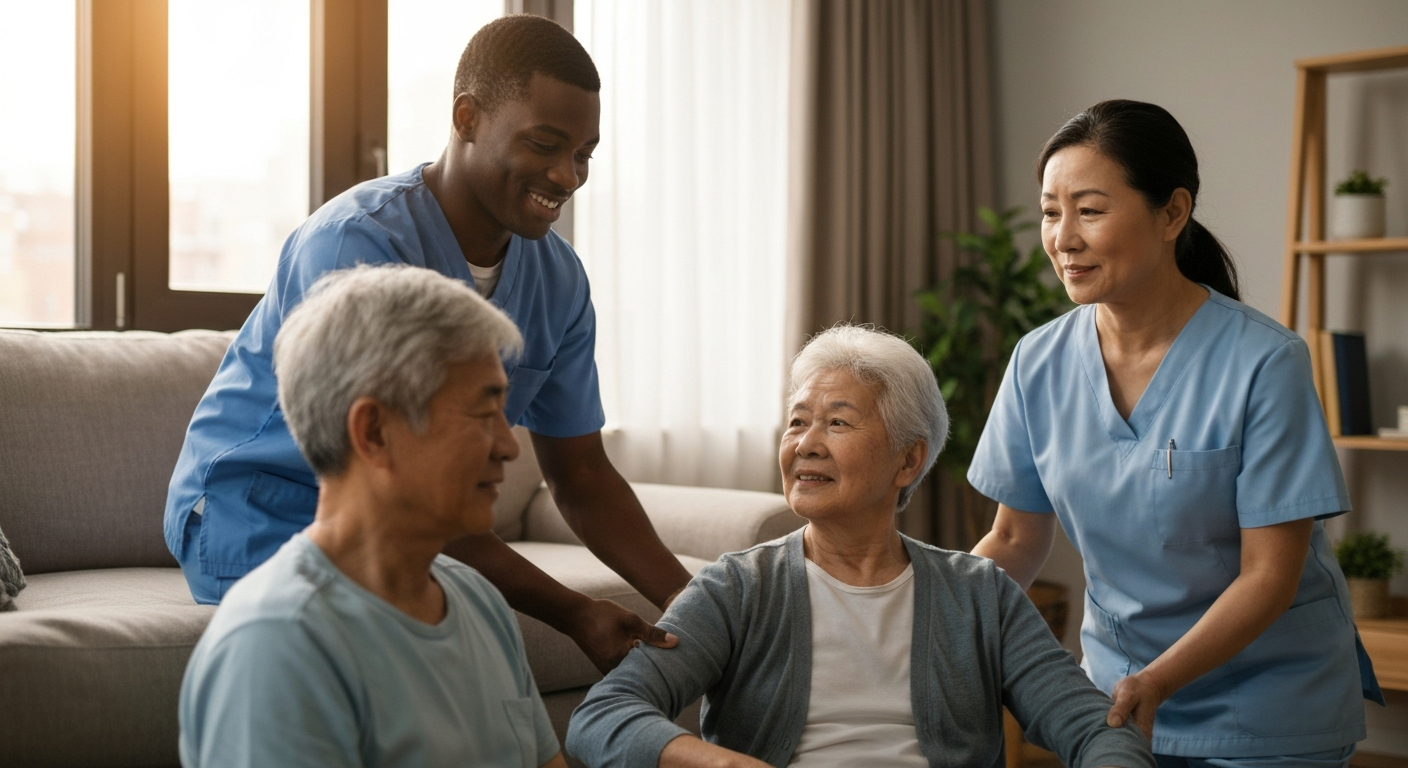 Diverse care team supporting an older adult and an adult with disabilities