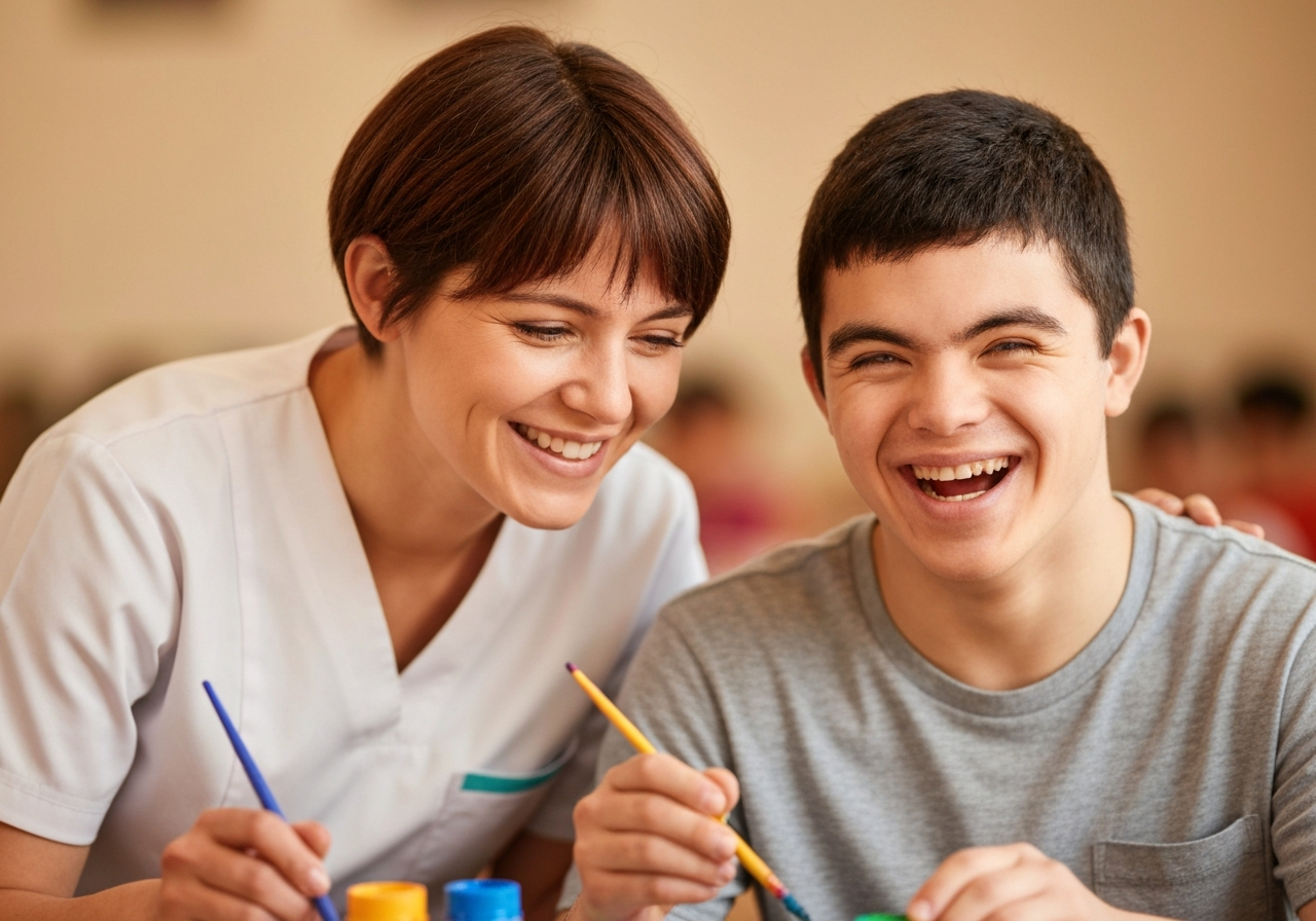 Caregiver and client engaging in community activity