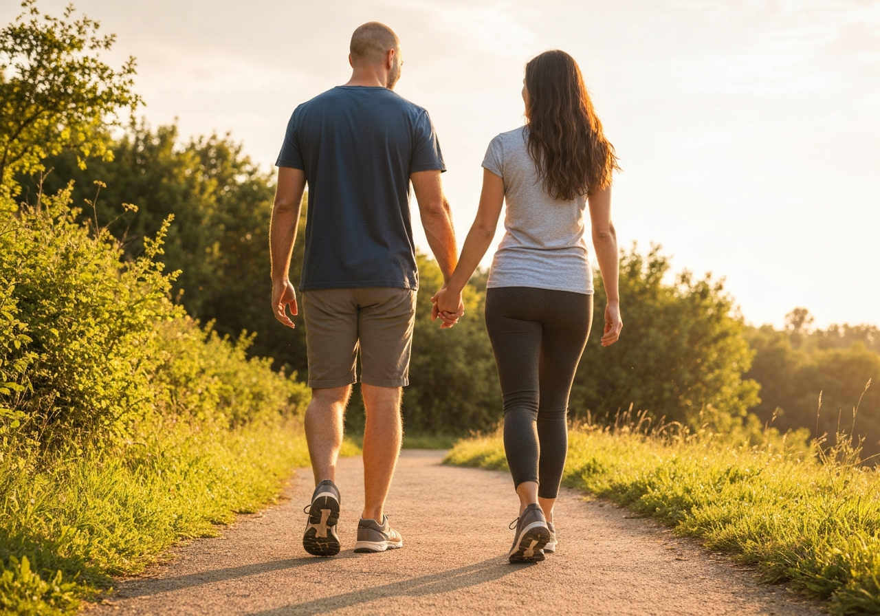 Ett par som promenerar i naturen