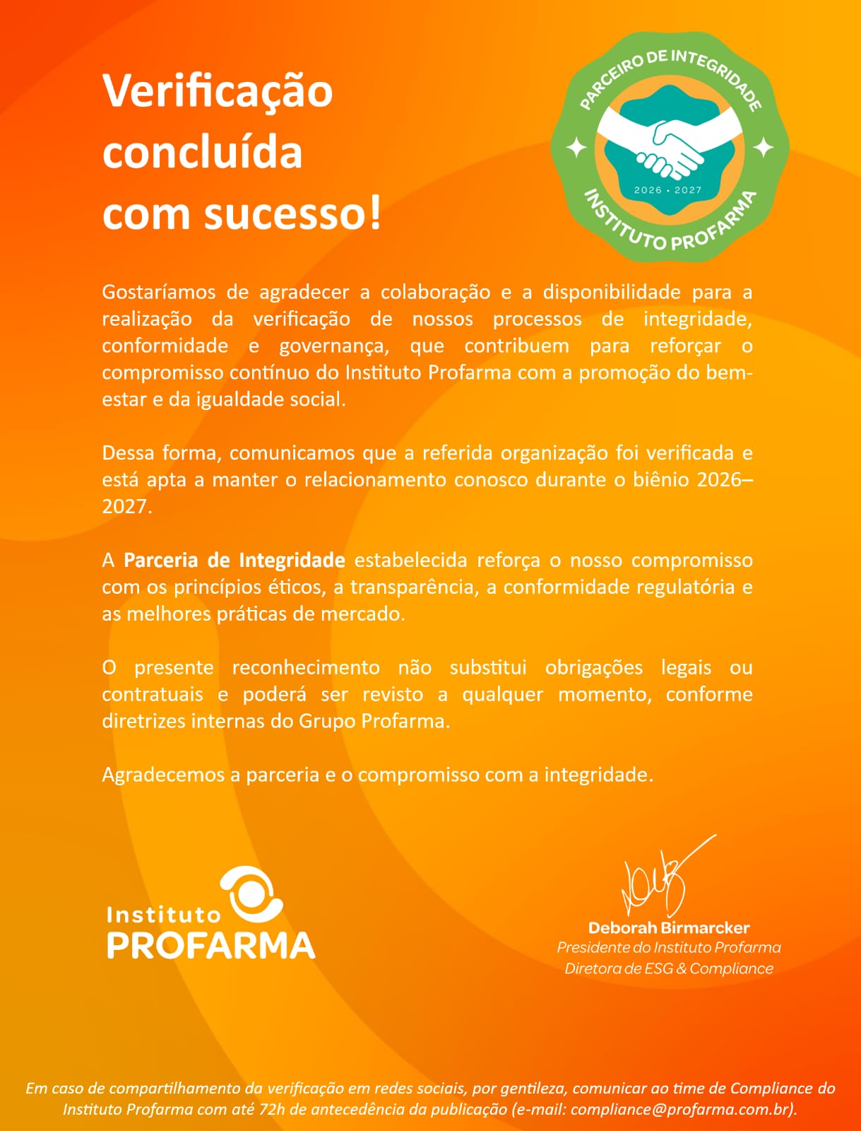 Selo Parceiro de Integridade 2026-2027 — Instituto Profarma