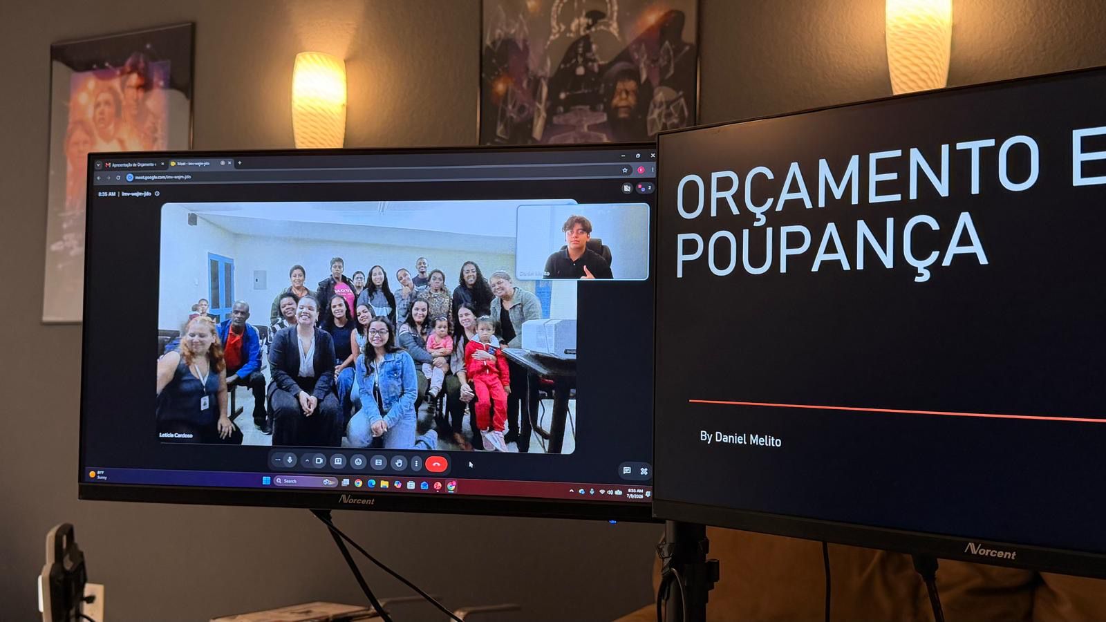 Daniel Melito conduzindo palestra online e tela de apresentação sobre Orçamento e Poupança