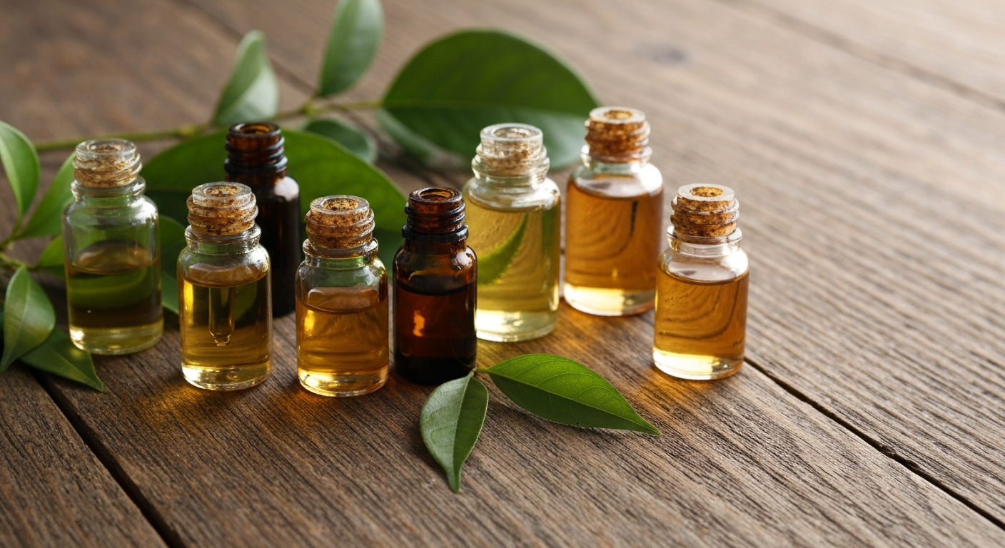 Botanical essential oils and green leaves
