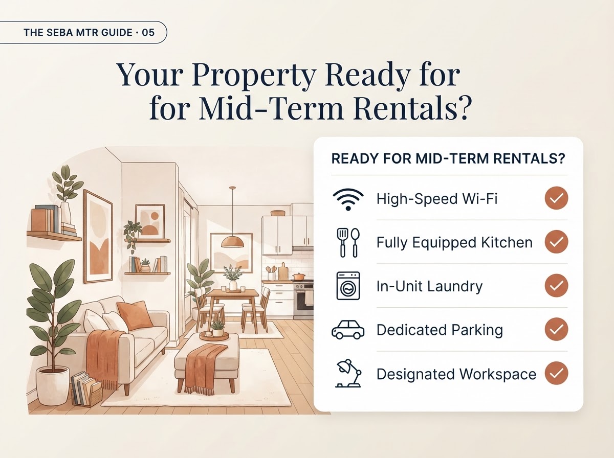 Is Your Property Ready for Mid-Term Rentals — furnished home with readiness checklist overlay