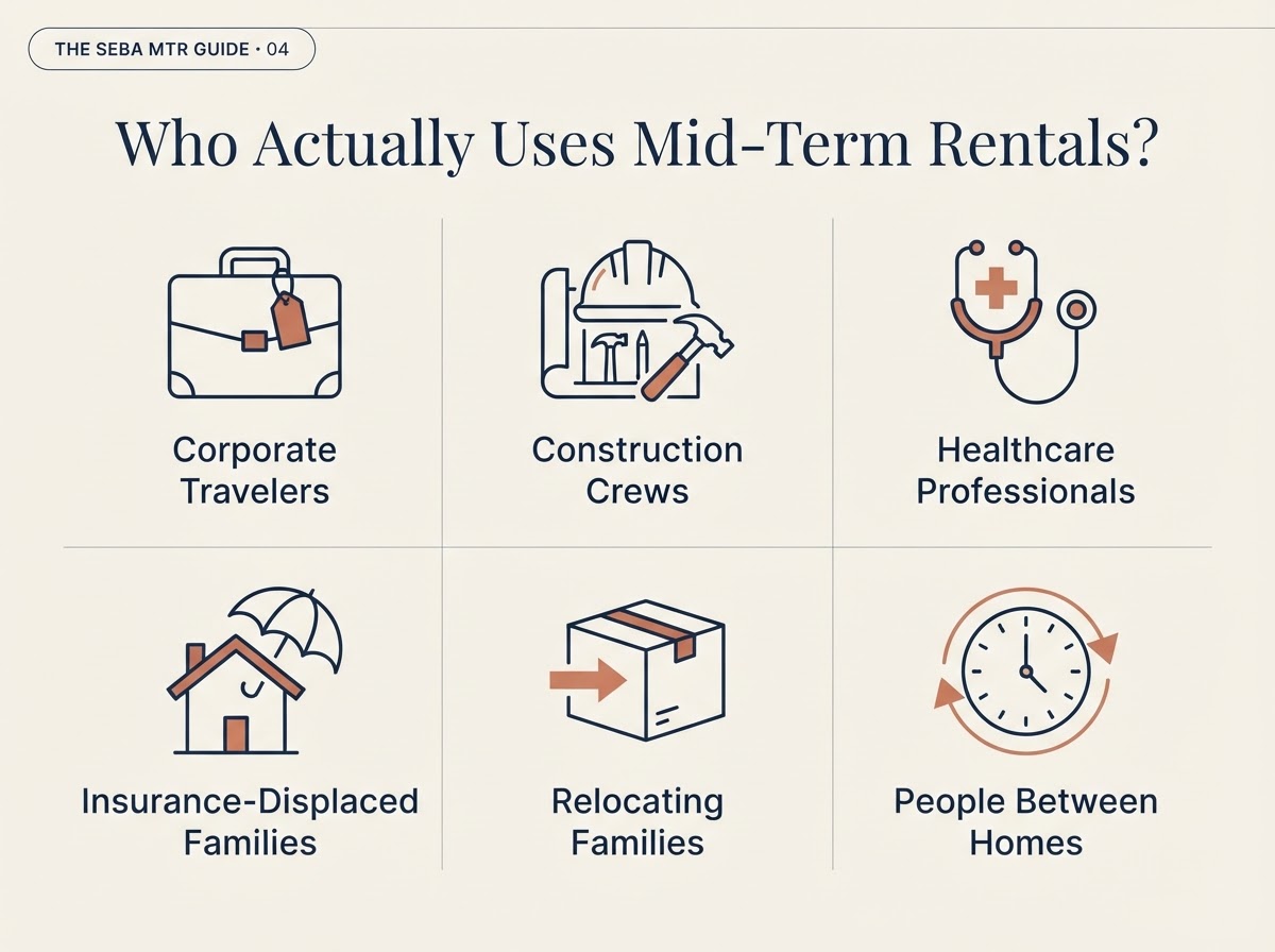 Who Actually Uses Mid-Term Rentals — six guest category icons for property owners
