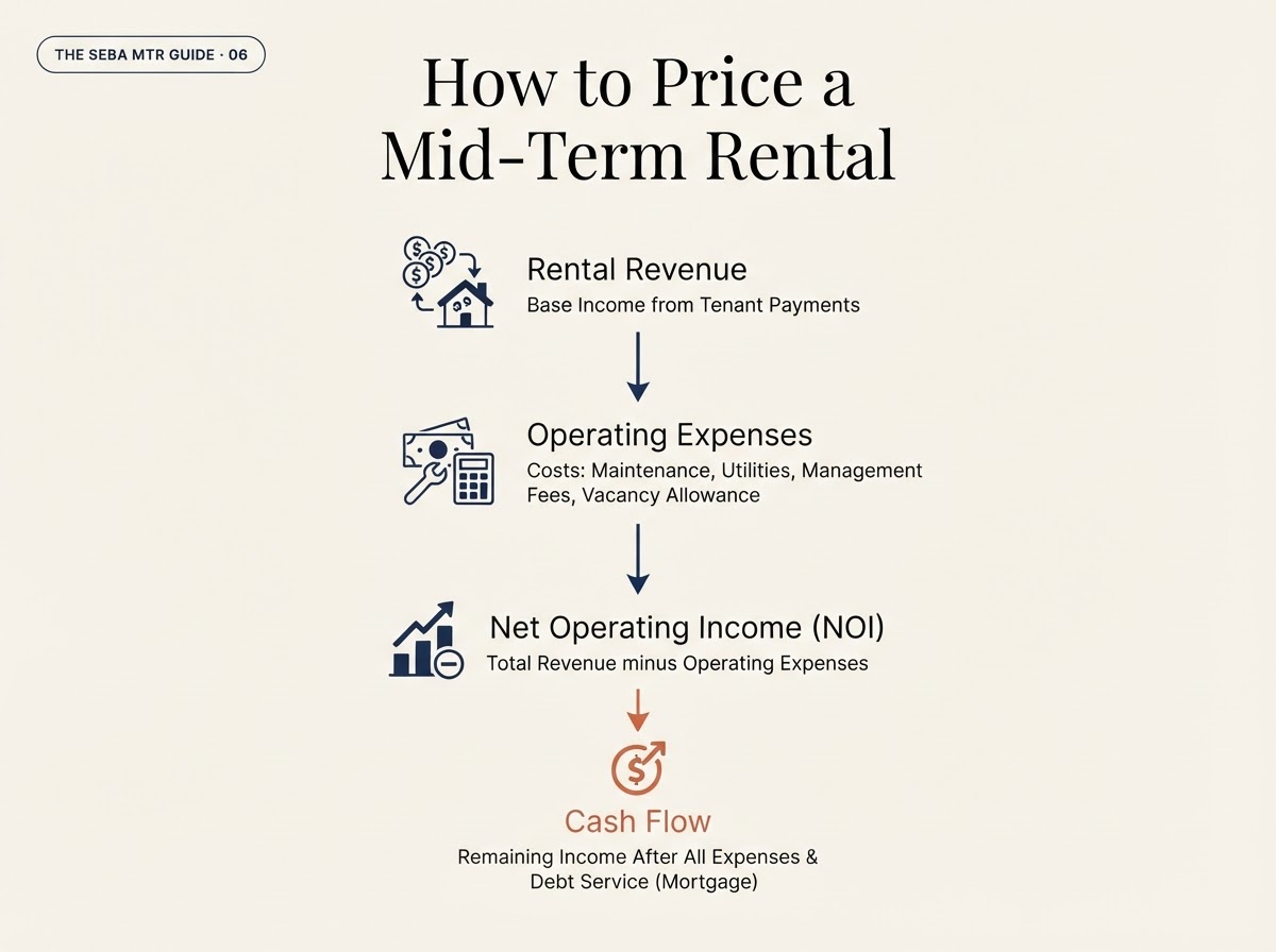 How to Price a Mid-Term Rental — financial flow from revenue to expenses to NOI to cash flow
