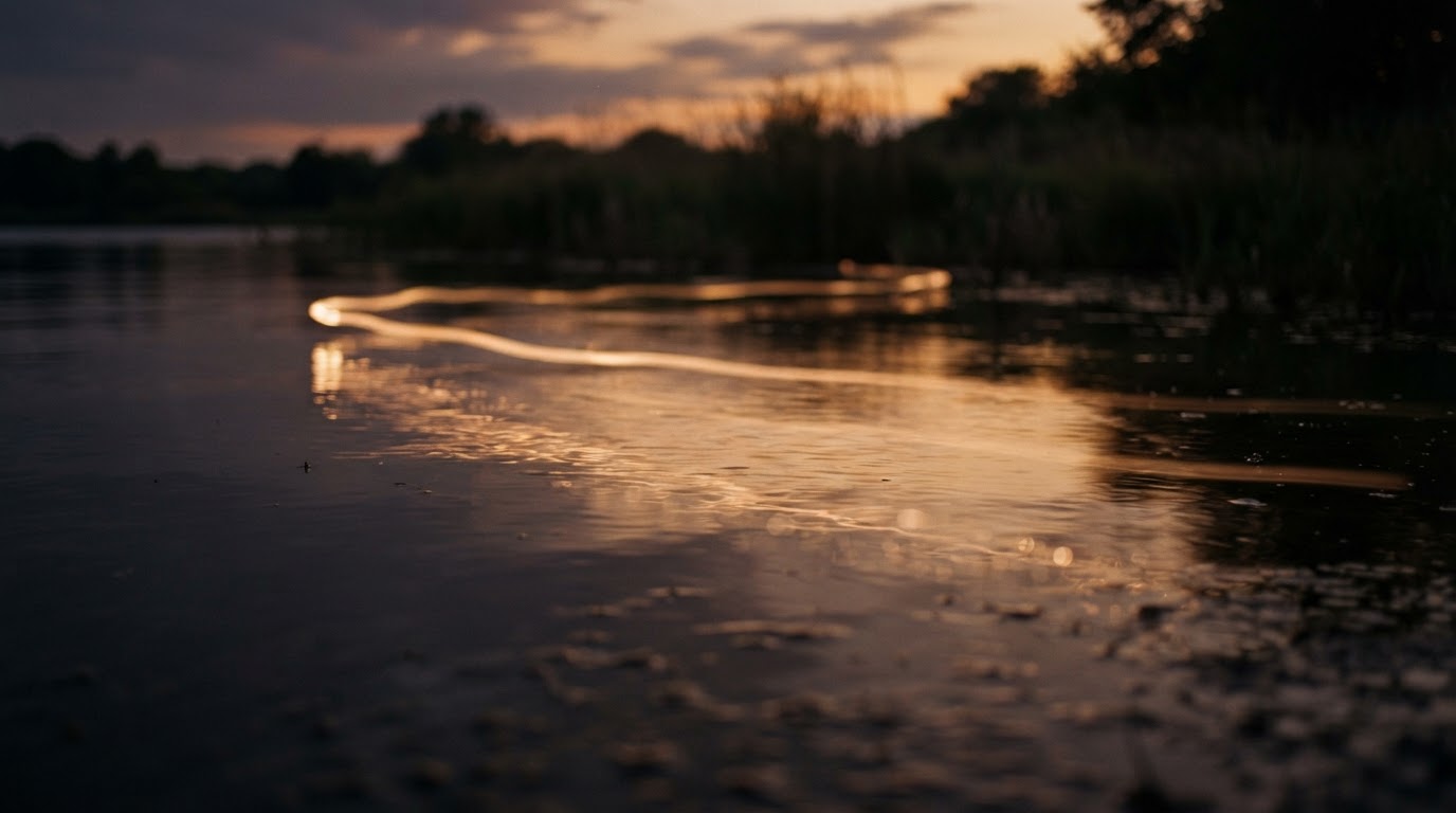 Light moving across still water at dusk