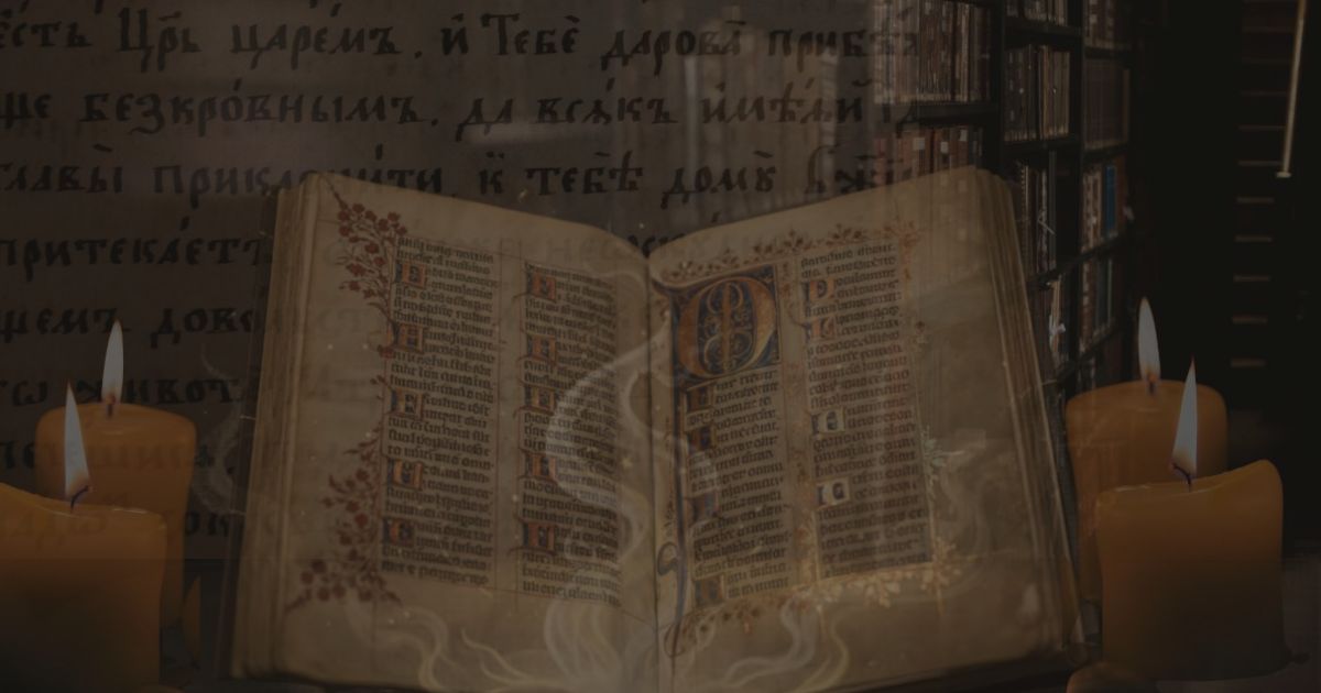 Ancient illuminated manuscript with candles
