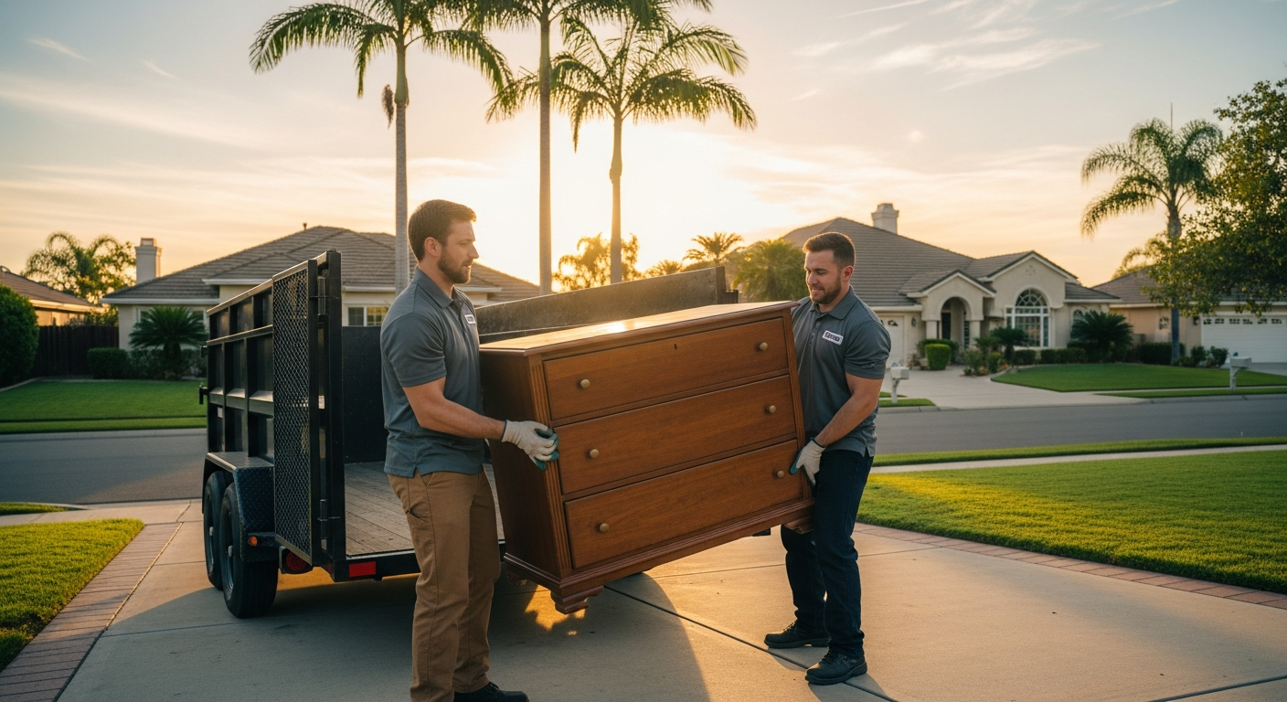Two clean-cut white junk removal professionals realistically loading a dump trailer in a Southern California suburb