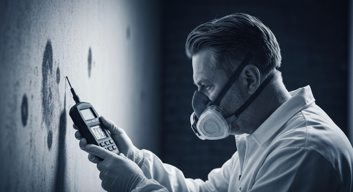 Professional mould remediation technician inspecting commercial building