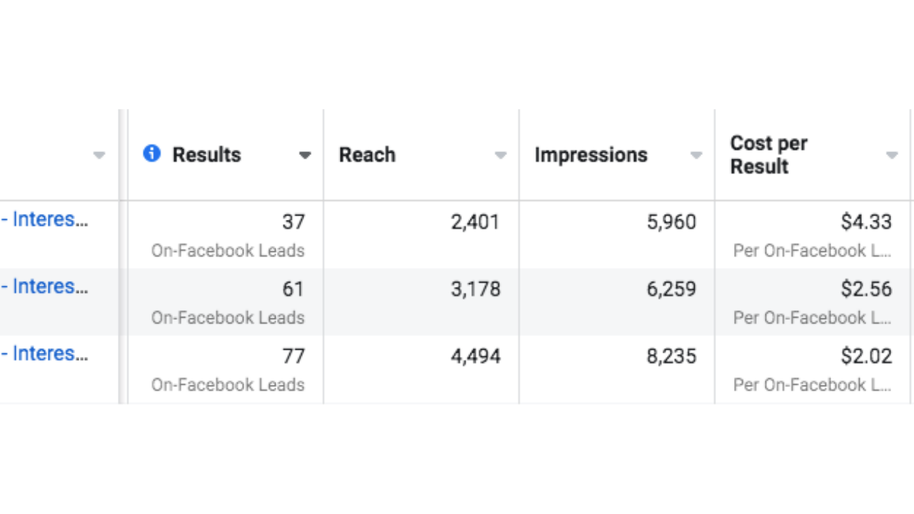 Real estate lead generation campaign performance showing low cost per lead