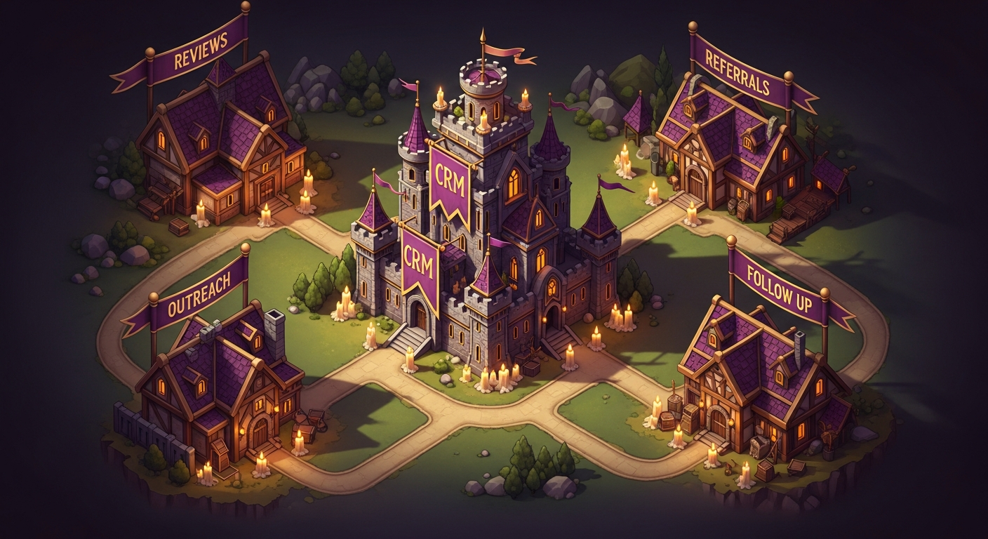 Top-down strategy map of a magical CRM kingdom