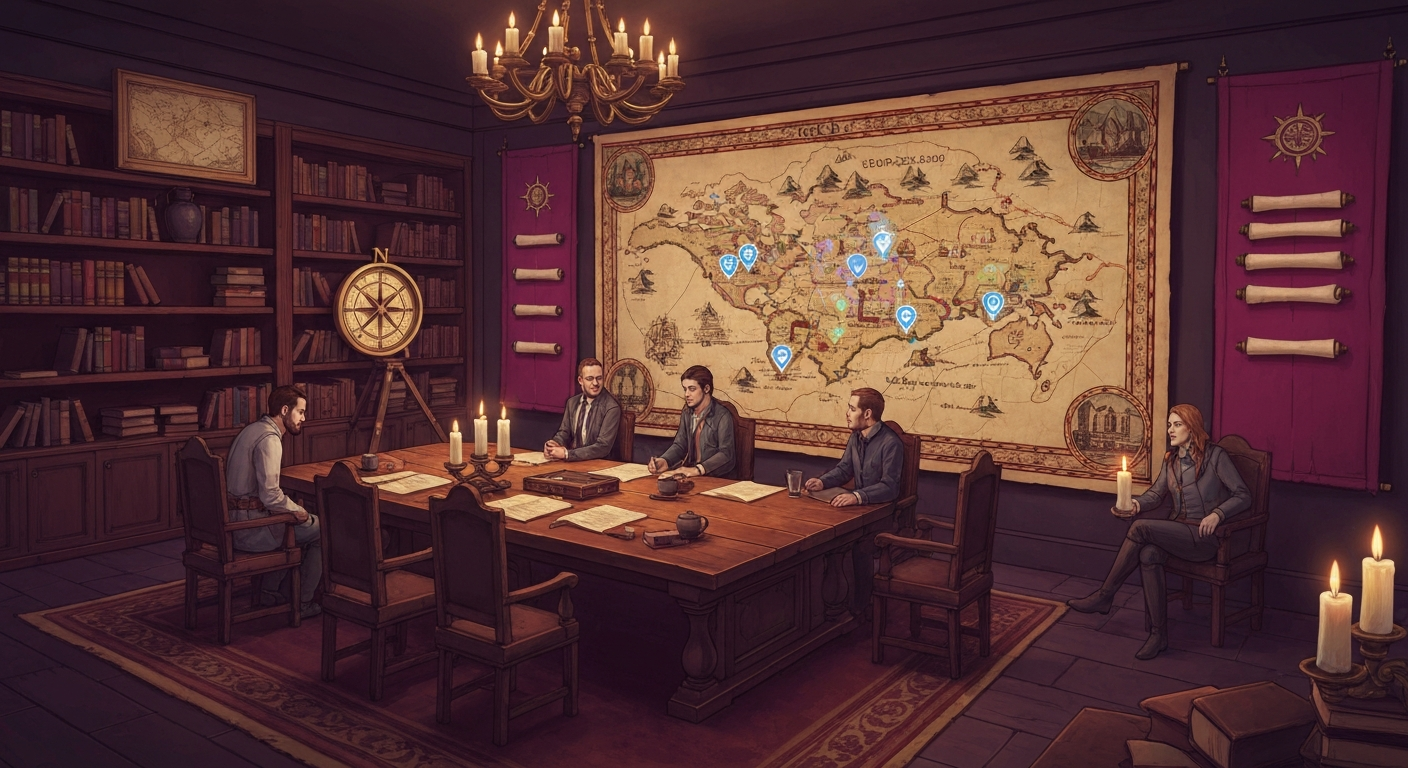 Glowing strategy map room in a premium guild setting