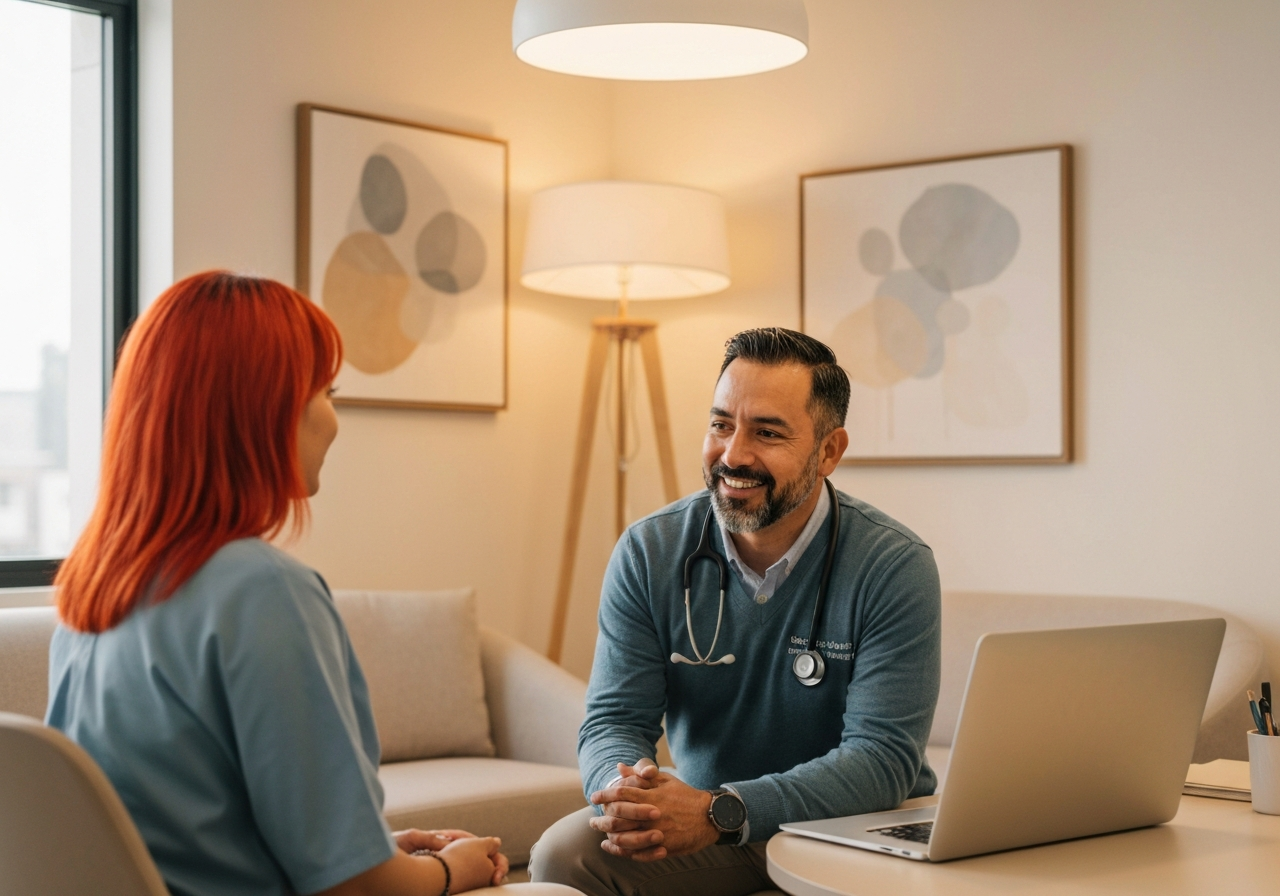 Care coordinator warmly interacting with a patient in an office