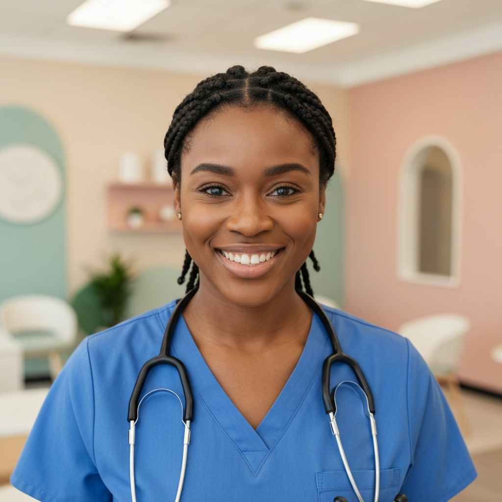 African American female healthcare professional smiling warmly at Kenah One Health Care Services clinic