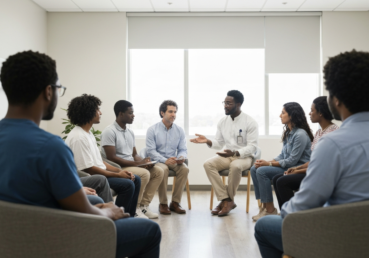 Diverse group therapy session for substance use disorder treatment and addiction recovery