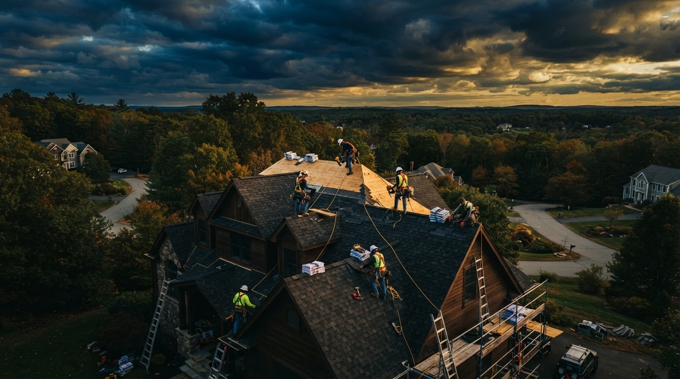 Roofers installing a residential roof at golden hour