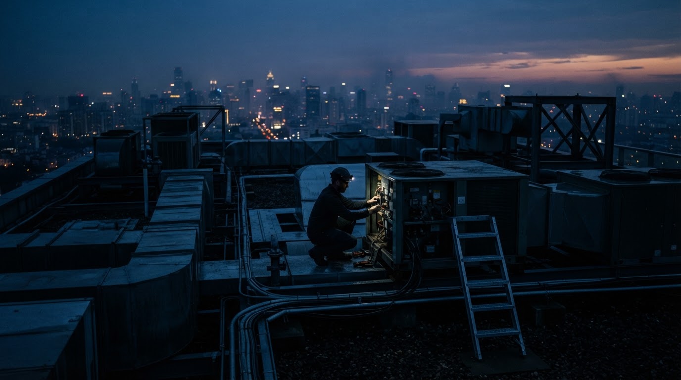 Rooftop HVAC units at dusk