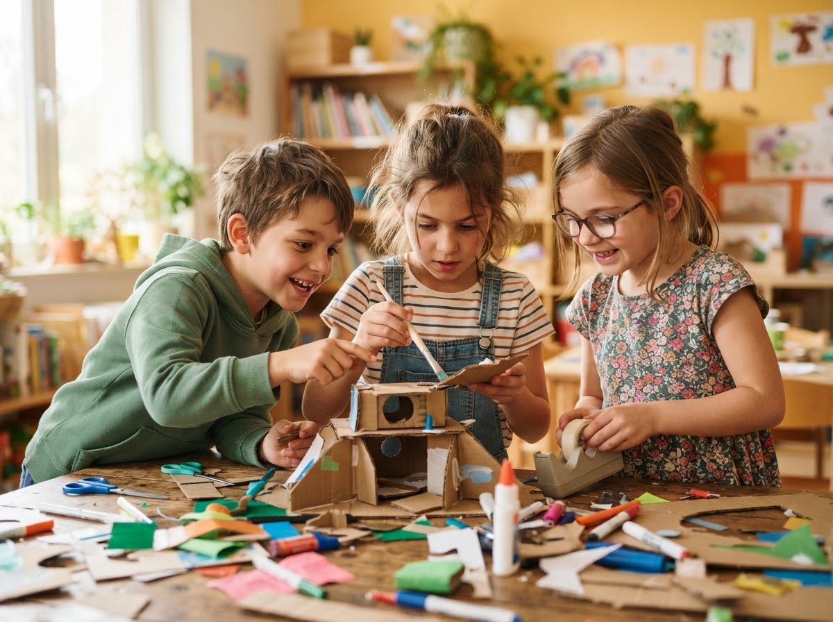 Children collaborating on a creative project together