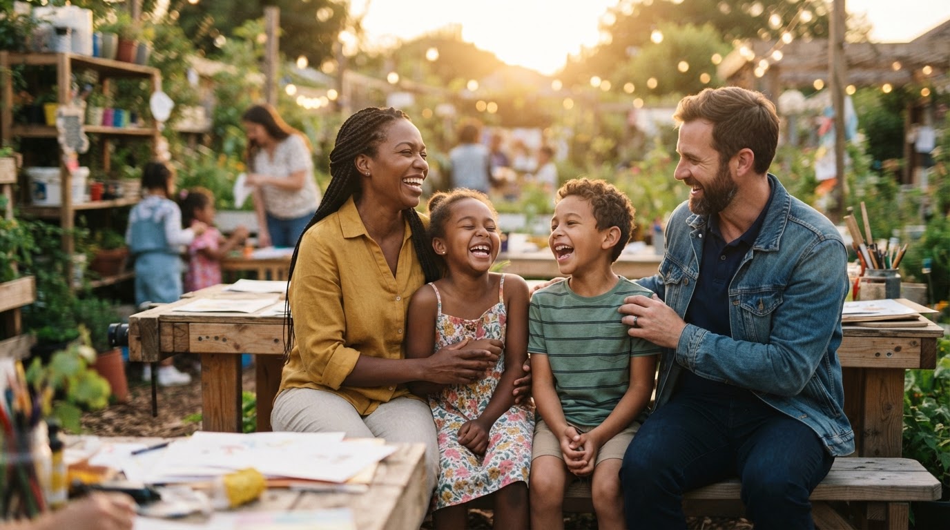 A family sharing a warm, joyful moment together outdoors