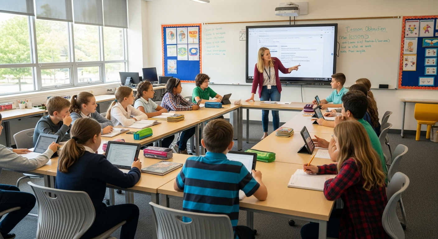 Happy school children engaged in class learning