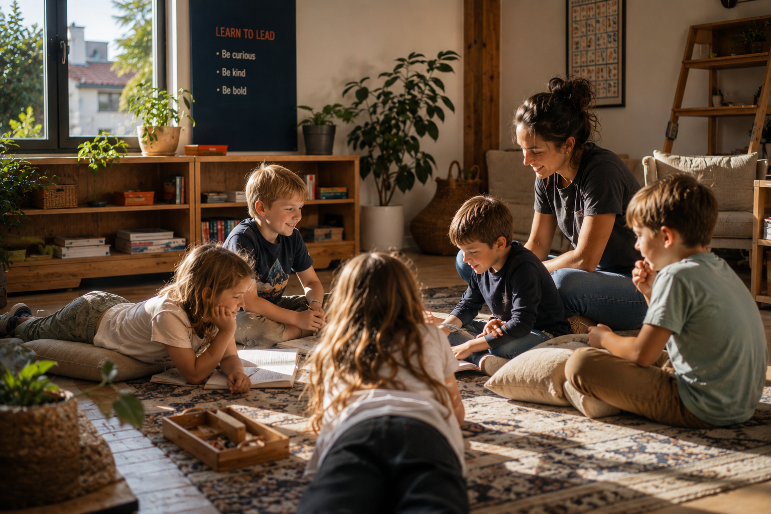 Students gathered on a cozy rug with their Guide at Wonderstorm Academy's learning center, with a 'Learn to Lead' poster visible