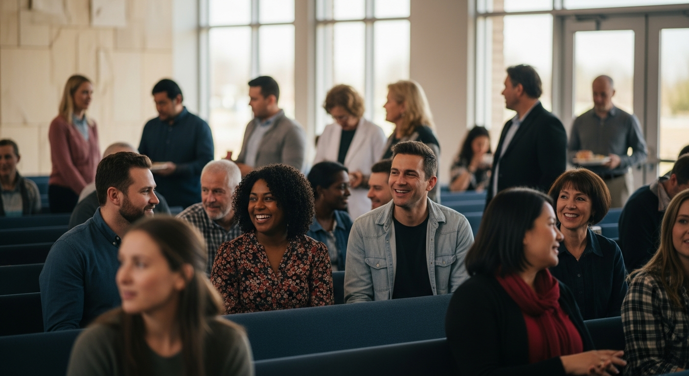 Diverse church community connecting