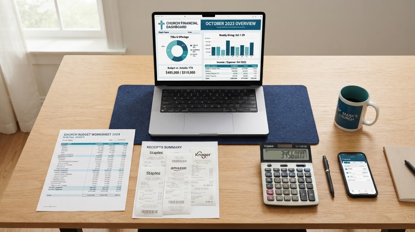 Church finance team reviewing budget reports in 4 Church Accounting